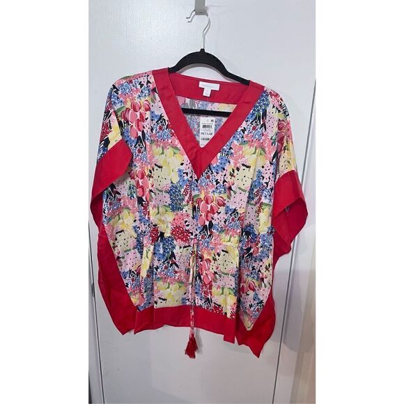 Charter Club Women's Printed V Neck Poncho Top Red Petite Size Large NWT P1-40 - Picture 2 of 11
